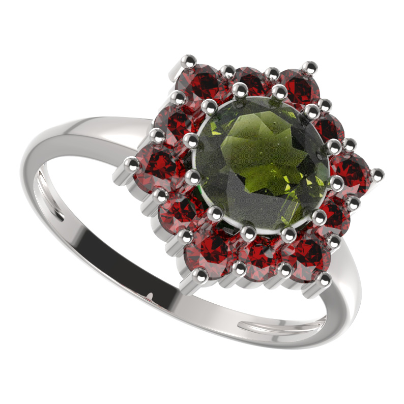 BG prsten kulatý 230-I Bílé zlato - 585 Vltavín a granát