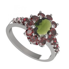 BG prsten oválný 756-Z Bílé zlato - 585 Vltavín a granát