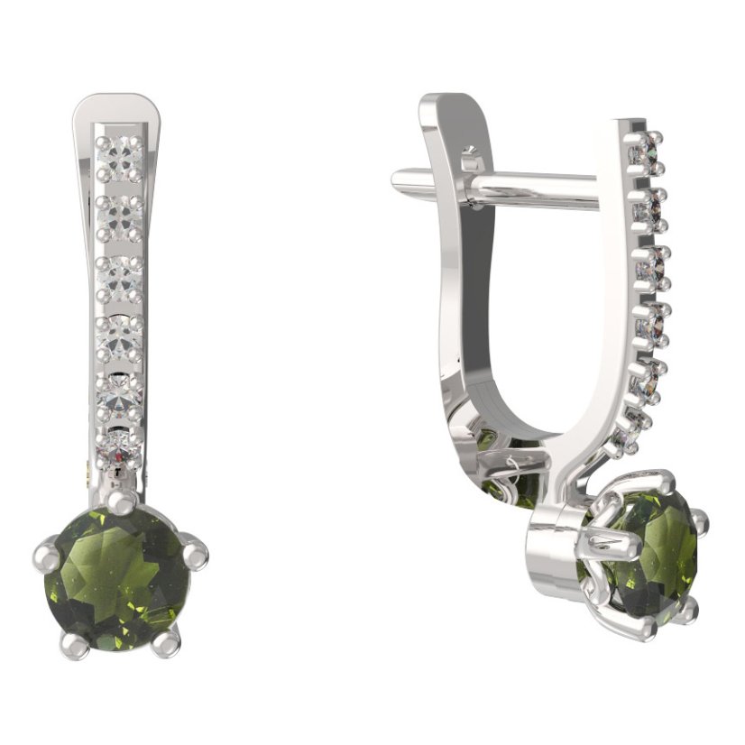 BG vltavínové náušnice 874 Bílé zlato - 585 Vltavín a diamant
