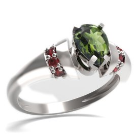 BG prsten kapkovitý kámen 495-K Bílé zlato - 585 Vltavín a granát