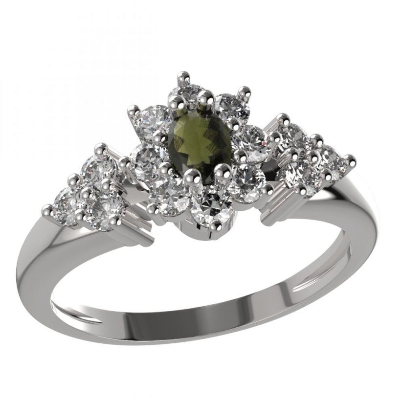 BG prsten s oválným kamenem 627-U Bílé zlato - 585 Vltavín a  kubický zirkon