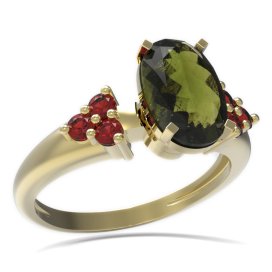 BG prsten s oválným kamenem 492-U Žluté zlato - 585 Vltavín a granát