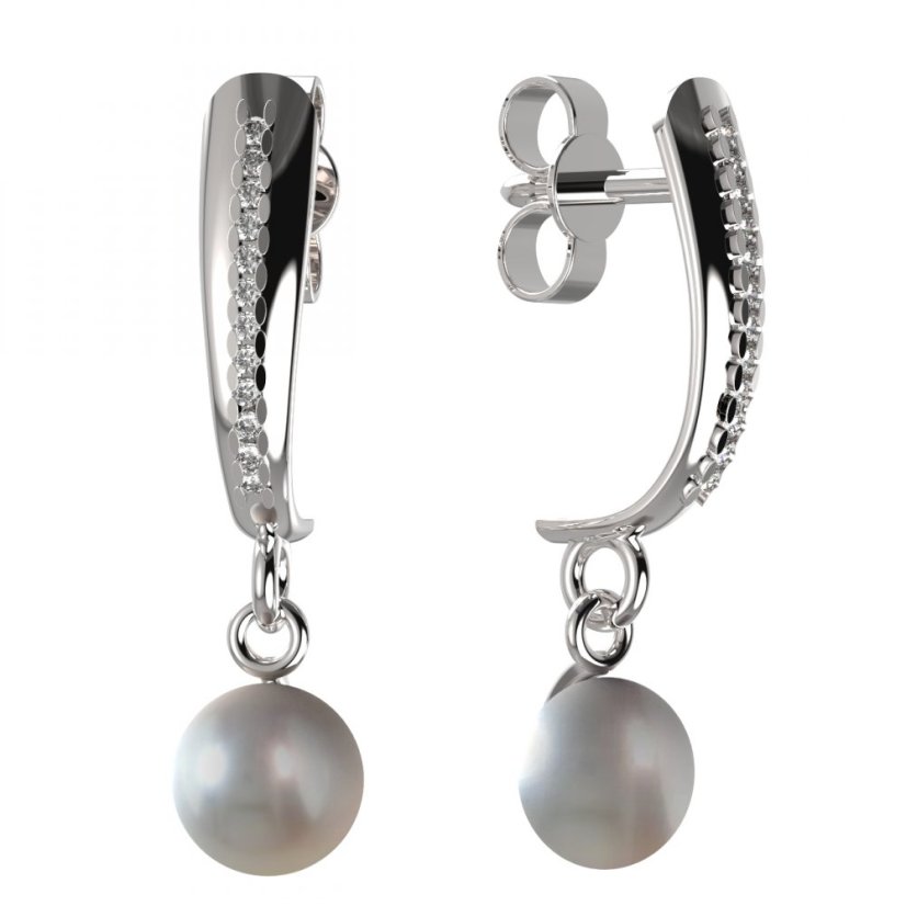 BG zlaté náušnice 1291 s bílou perlou Bílé zlato - 585 Diamant a perla