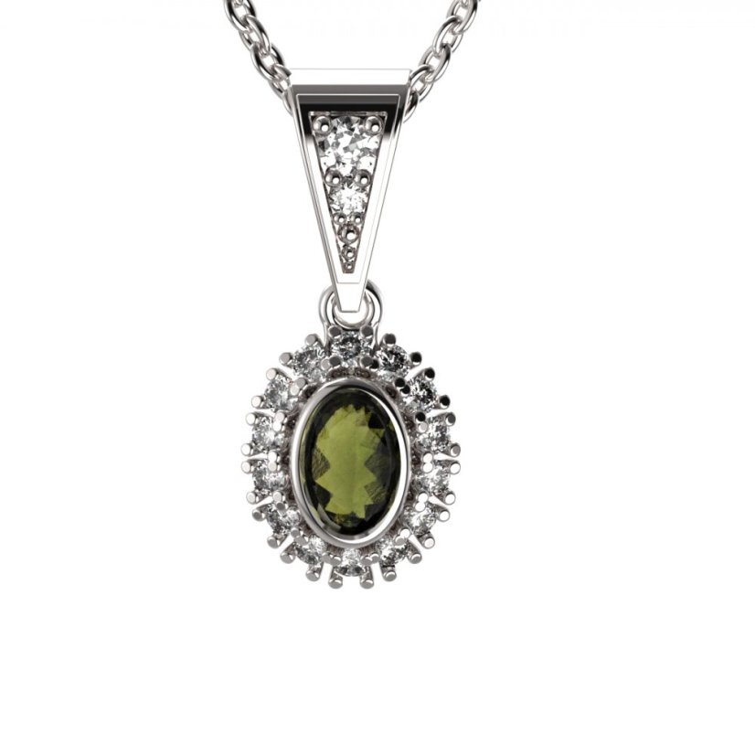 BG přívěs s přírodním granátem a vltavínem 1483 Bílé zlato - 585 Vltavín a diamant
