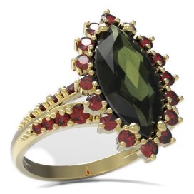 BG prsten s oválným kamenem 513-G Žluté zlato - 585 Vltavín a granát