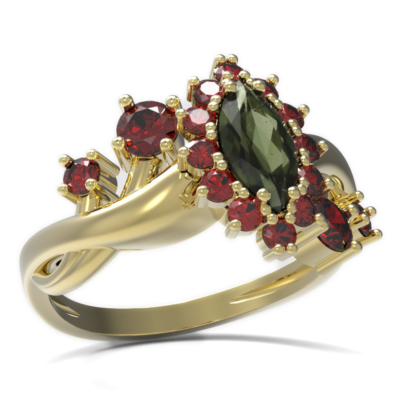 BG prsten s oválným kamenem 504-P Žluté zlato - 585 Vltavín a granát