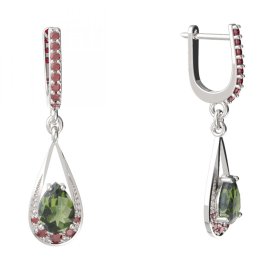 BG náušnice s centrálním kapkovitým kamenem 638 Bílé zlato - 585 Vltavín a granát