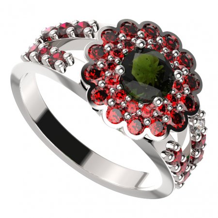 BG prsten kulatý 463-Y - Kov: Stříbro 925 - rhodium, Kámen: Vltavín a granát