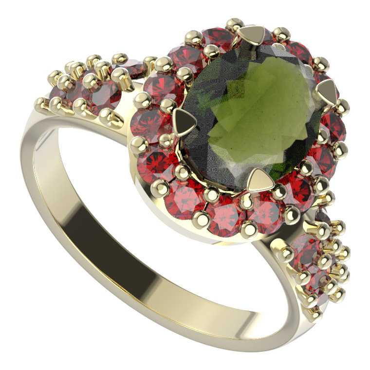 BG prstýnek 728 Stříbro 925 - pozlacené Vltavín a granát