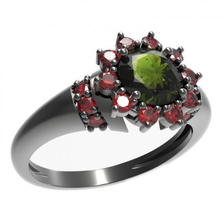 BG prsten kulatý kámen 511-K - Kov: Stříbro 925 - rhodium, Kámen: Vltavín a granát