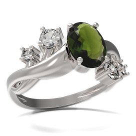 BG prsten s oválným kamenem 478-P Stříbro 925 - rhodium Vltavín a kubický zirkon