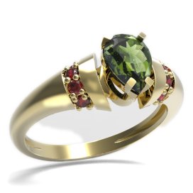 BG prsten kapkovitý kámen 495-K Žluté zlato - 585 Vltavín a granát