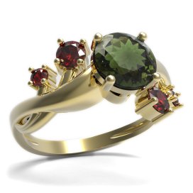 BG prsten s kulatým kamenem 474-P Žluté zlato - 585 Vltavín a granát