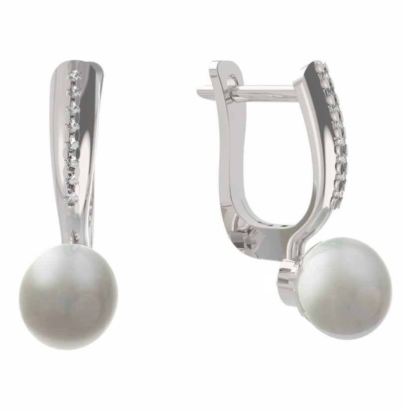 BG zlaté náušnice 561 s bílou perlou Bílé zlato - 585 Diamant a perla