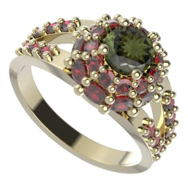 BG prsten kulatý 751-Y Žluté zlato - 585 Vltavín a granát