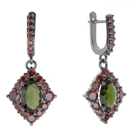 BG náušnice vsazený granát hvězdicový brus  466-84 Stříbro 925 - ruthenium (30-90dní) Vltavín a granát