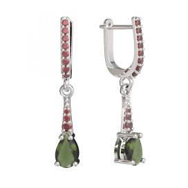BG náušnice s kapkovitým kamenem 626 Bílé zlato - 585 Vltavín a granát