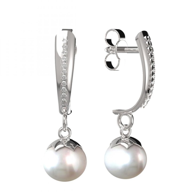 BG zlaté náušnice 561 s bílou perlou Bílé zlato - 585 Diamant a perla