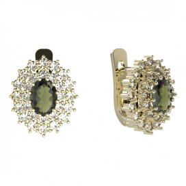 BG náušnice oválného tvaru 001-07 Žluté zlato - 585 Vltavín a  kubický zirkon