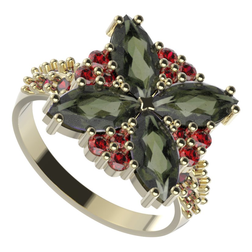 BG prsten 408-X solitérního tvaru Žluté zlato - 585 Vltavín a granát