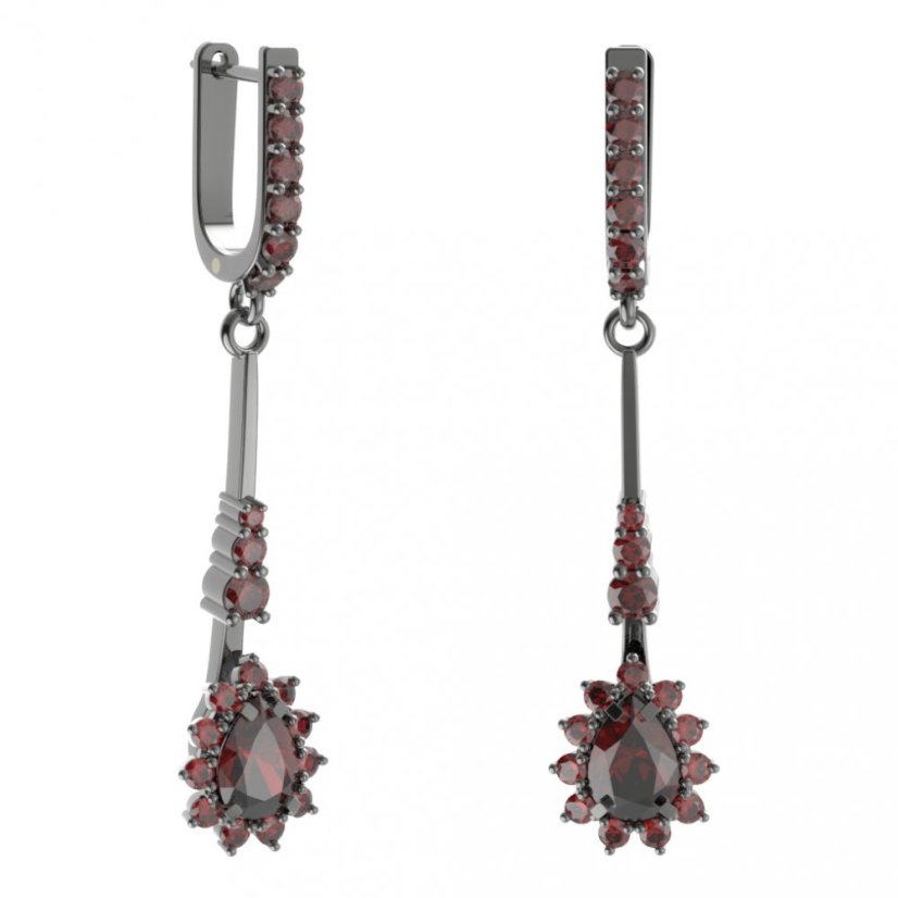 Stříbrné náušnice kapka s českým granátem, ruthenium, anglické zapínání – 509-B94