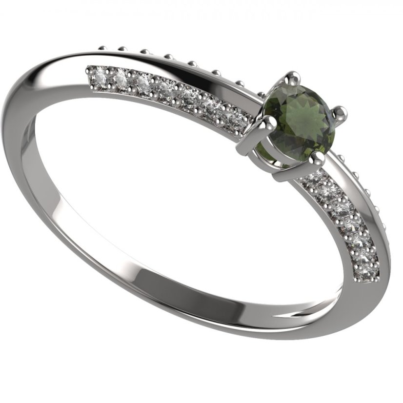 BG zlatý  prstýnek granátový, vltavínový 1145 /zásnubní-snubní/ Bílé zlato - 585 Vltavín a diamant