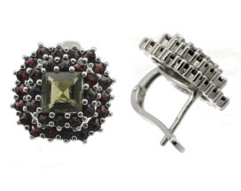 BG náušnice přírodní broušený granát   119 Stříbro 925 - rhodium Vltavín a granát