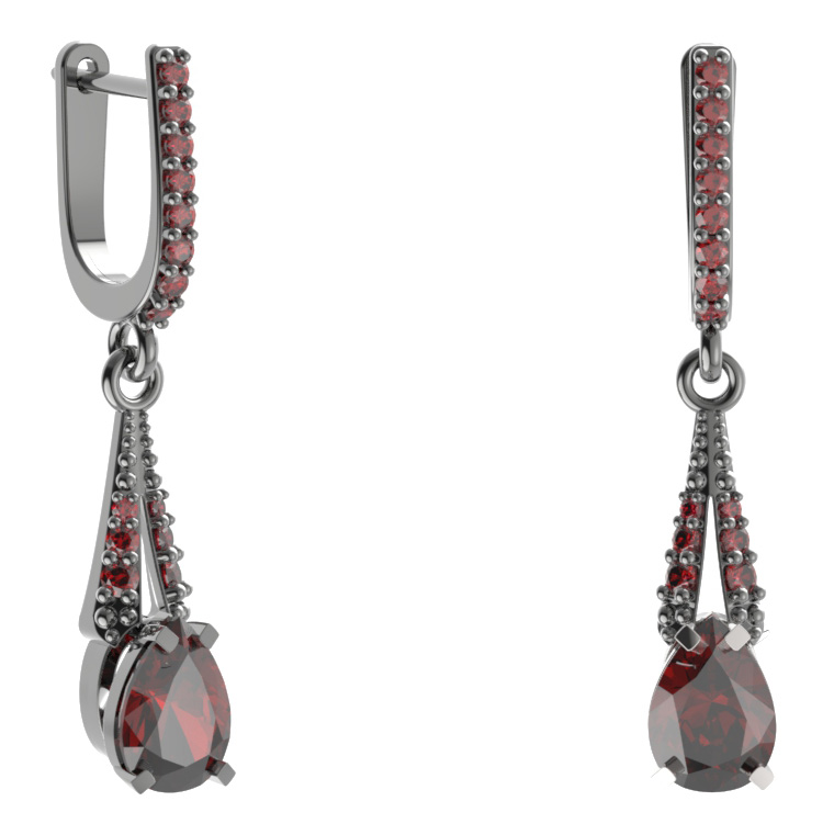 Stříbrné náušnice kapka s českým granátem, ruthenium, anglické zapínání – 495-G91