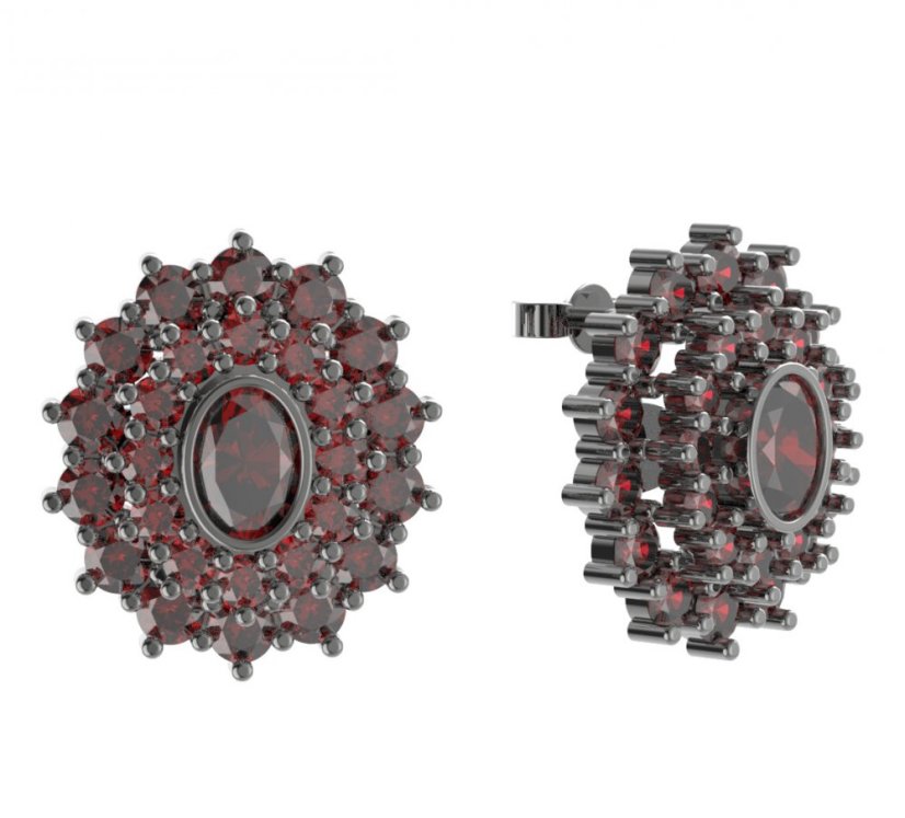 Stříbrné náušnice s českým granátem, ruthenium, puzety – 021