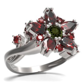BG prsten ve tvaru hvězdy 521-P Stříbro 925 - rhodium Vltavín a granát