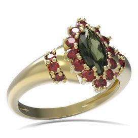 BG prsten oválný kámen 504-K Žluté zlato - 585 Vltavín a granát