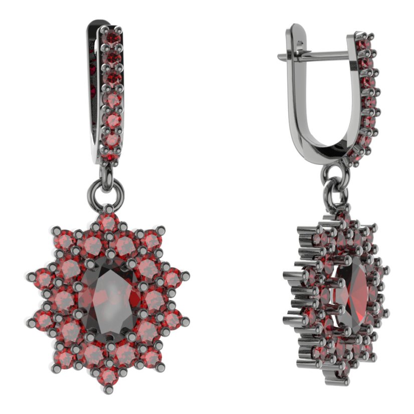 Stříbrné náušnice s českým granátem, ruthenium, visací – 249-84