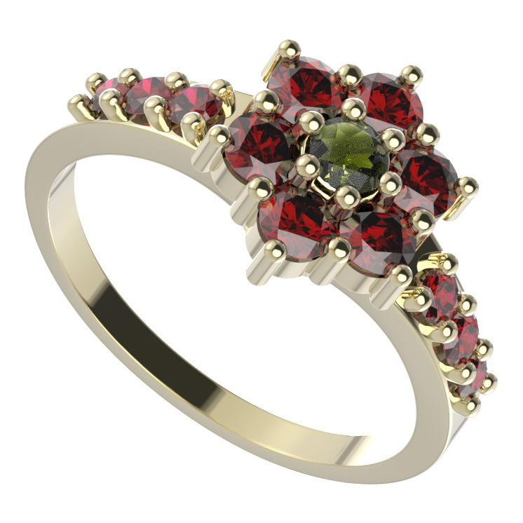 BG prstýnek 002 Stříbro 925 - pozlacené Vltavín a granát