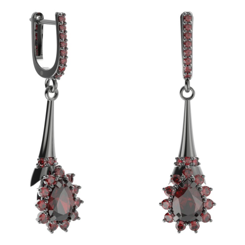 Stříbrné náušnice kapka s českým granátem, ruthenium, anglické zapínání – 509-C91