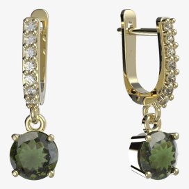 BG vltavínové náušnice 727 Žluté zlato - 585 Vltavín a  kubický zirkon