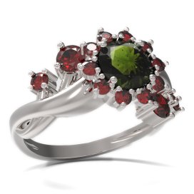 BG prsten s kulatým kamenem 511-P Stříbro 925 - rhodium Vltavín a granát