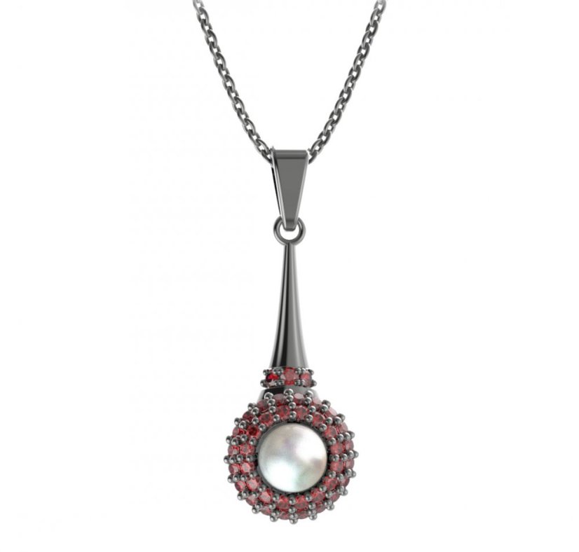 Stříbrný přívěsek s bílou perlou a českým granátem, ruthenium – 540-C