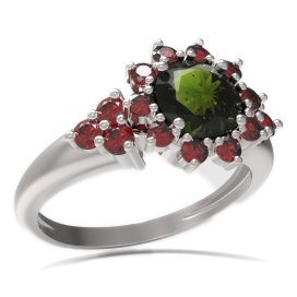 BG prsten s kulatým kamenem 511-U Stříbro 925 - rhodium Vltavín a granát