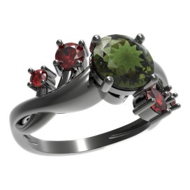 BG prsten s kulatým kamenem 474-P Stříbro 925 - ruthenium (30-90dní) Vltavín a granát