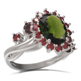BG prsten s oválným kamenem 516-P Bílé zlato - 585 Vltavín a granát