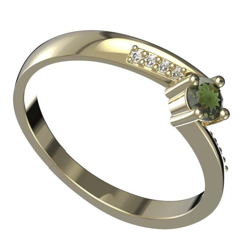 BG zlatý granátový, vltavínový  prstýnek 1445 Žluté zlato - 585 Vltavín a diamant