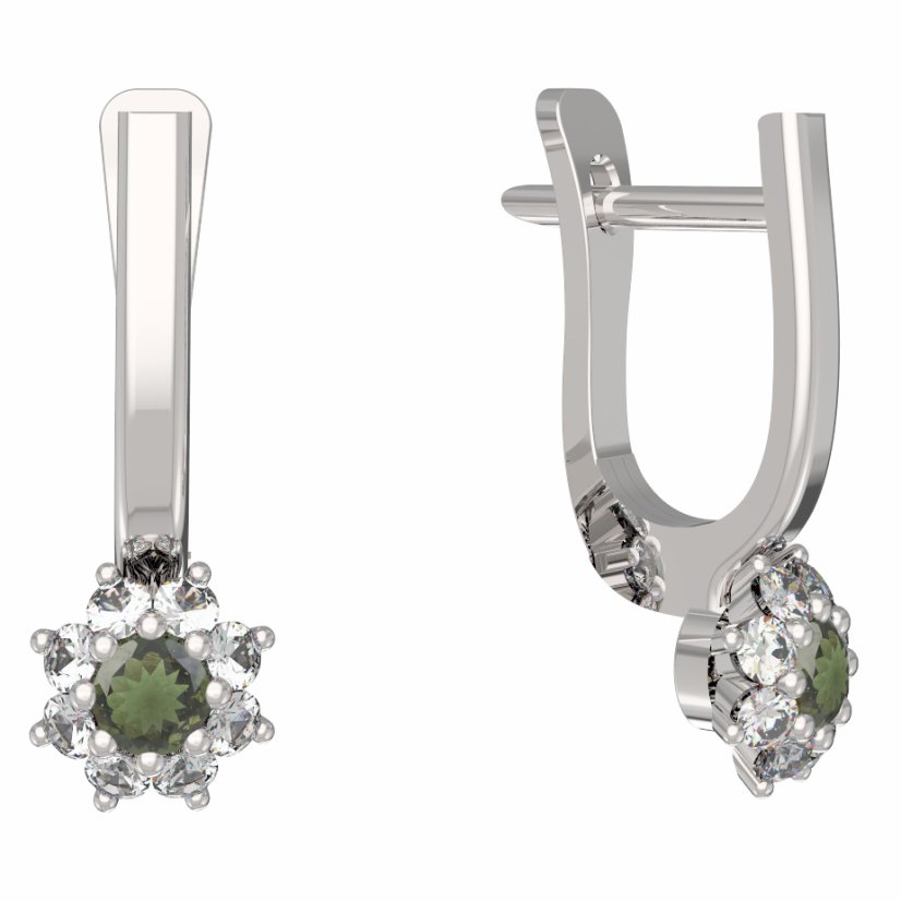 BG vltavínové náušnice 886 Bílé zlato - 585 Vltavín a diamant
