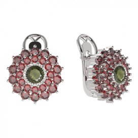 BG  náušnice 004-R7 kulaté Bílé zlato - 585 Vltavín a granát