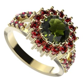 BG prsten kulatý 096-Y Žluté zlato - 585 Vltavín a granát