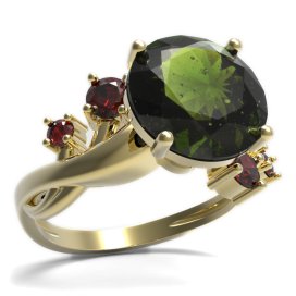 BG prsten s kulatým kamenem 475-P Žluté zlato - 585 Vltavín a granát