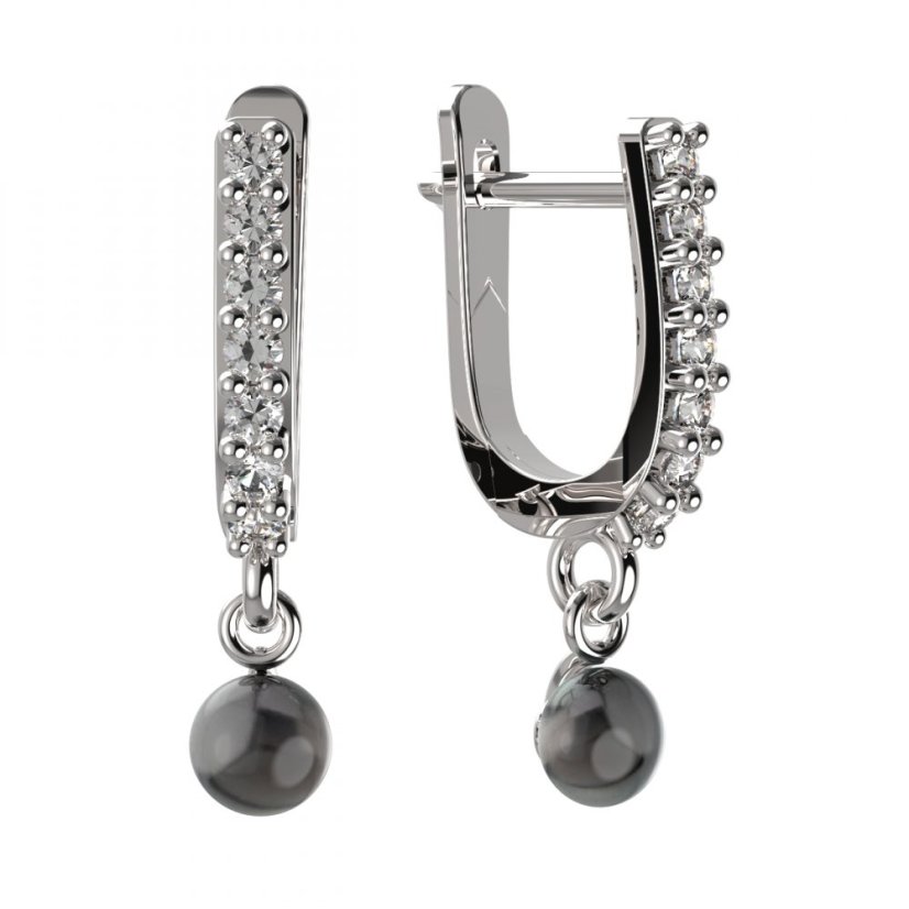 BG zlaté náušnice 1290 s černou perlou Bílé zlato - 585 Kubický zirkon a tahiti perla