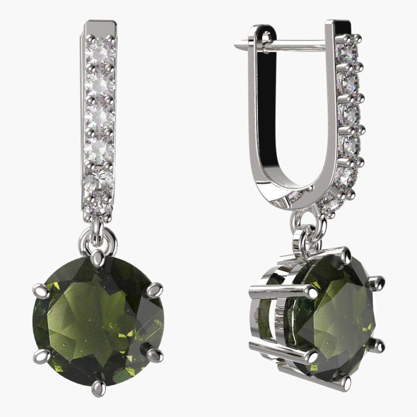BG vltavínové náušnice 681 Bílé zlato - 585 Vltavín a diamant