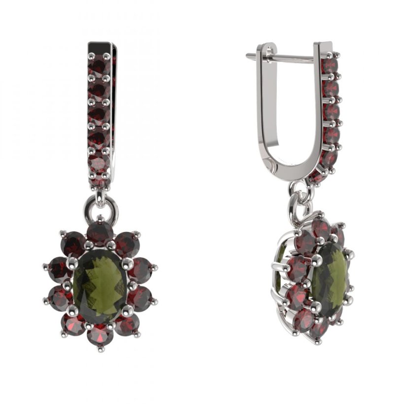 BG náušnice vsazený granát 756-94 Stříbro 925 - rhodium Vltavín a granát