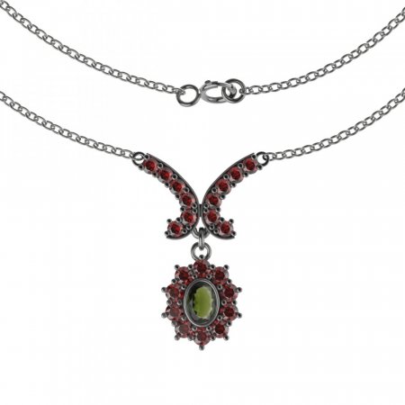 BG garnet necklace 018 - Metal: Silver 925 - rhodium, Stone: Moldavit and garnet