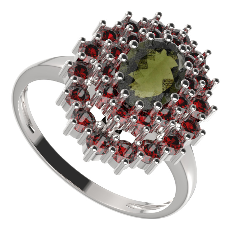 BG prsten oválný 001-I Bílé zlato - 585 Vltavín a granát